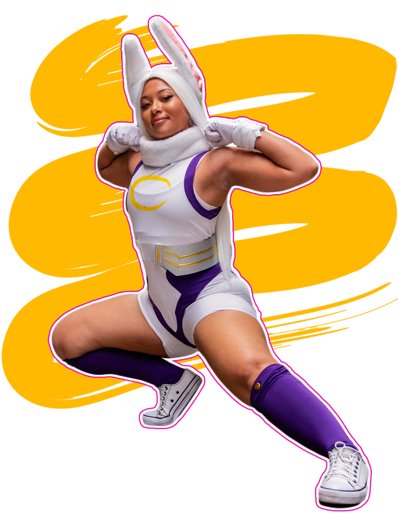 Cosplayer feminina com fundo amarelo